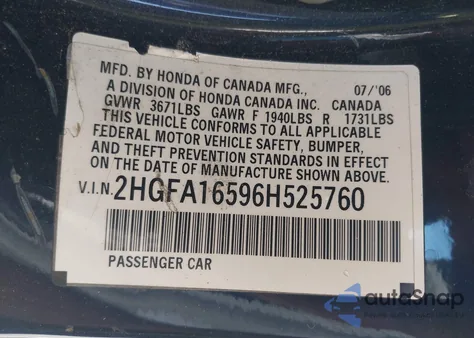 2006 Honda Civic Lx z USA, uszkodzony, nr VIN 2HGFA16596H525760